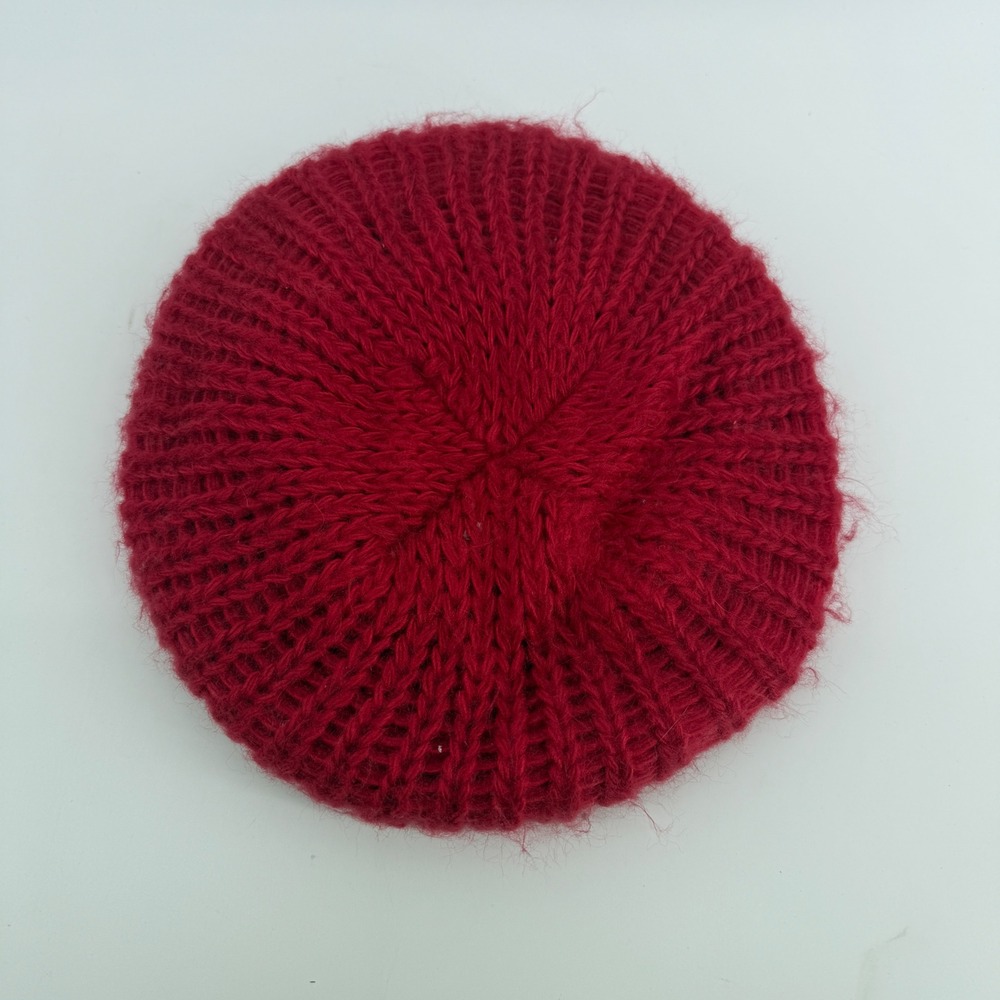 Notice Red Knit Beret Hat Made in USA Acrylic Ribbed Slouchy Beanie